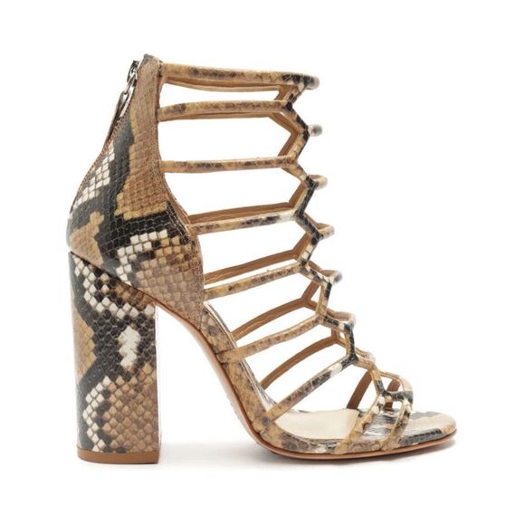 SCHUTZ Juliana Leather Caged Block Heel Sandal Snake Embossed Tan Black Size 7.5 - Picture 4 of 14